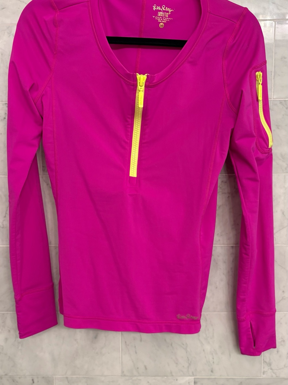 Lilly Pulitzer Hot Pink Long-Sleeve Active Zip Top with Neon Yellow Zipper - Picture 3 of 9